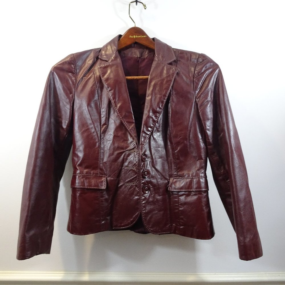 VINTAGE Leather Jacket Red Oxblood Blazer Dark 90s Y2K Size XS